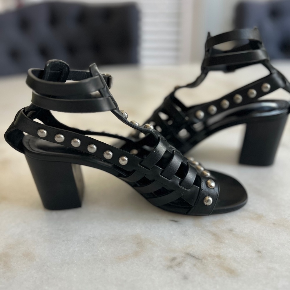 YSL Saint Laurent Calfskin Stud Block Heel Gladiator Sandals Black 37 / US 7 - Picture 8 of 13